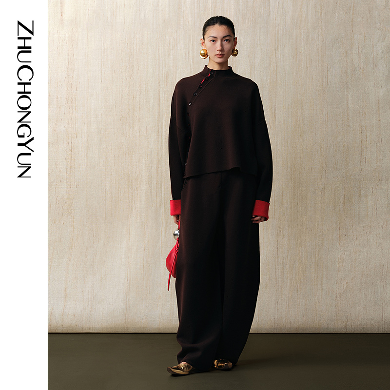 ZHUCHONGYUN2025春新款斜门襟双面宽松圆领羊毛针织上衣C1FZ1718M