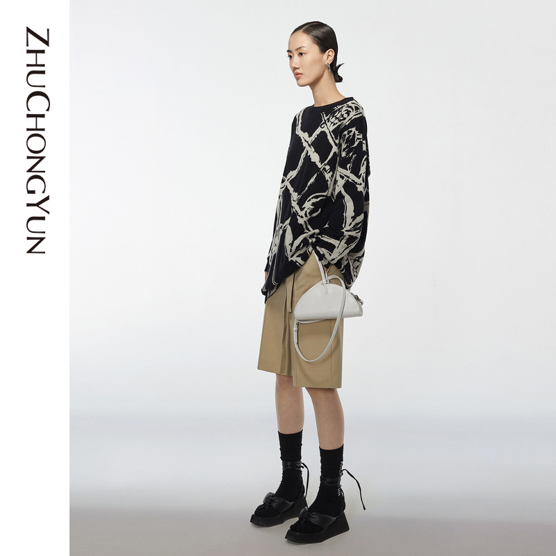 【达人专享】ZHUCHONGYUN不规则提花圆领慵懒针织衫