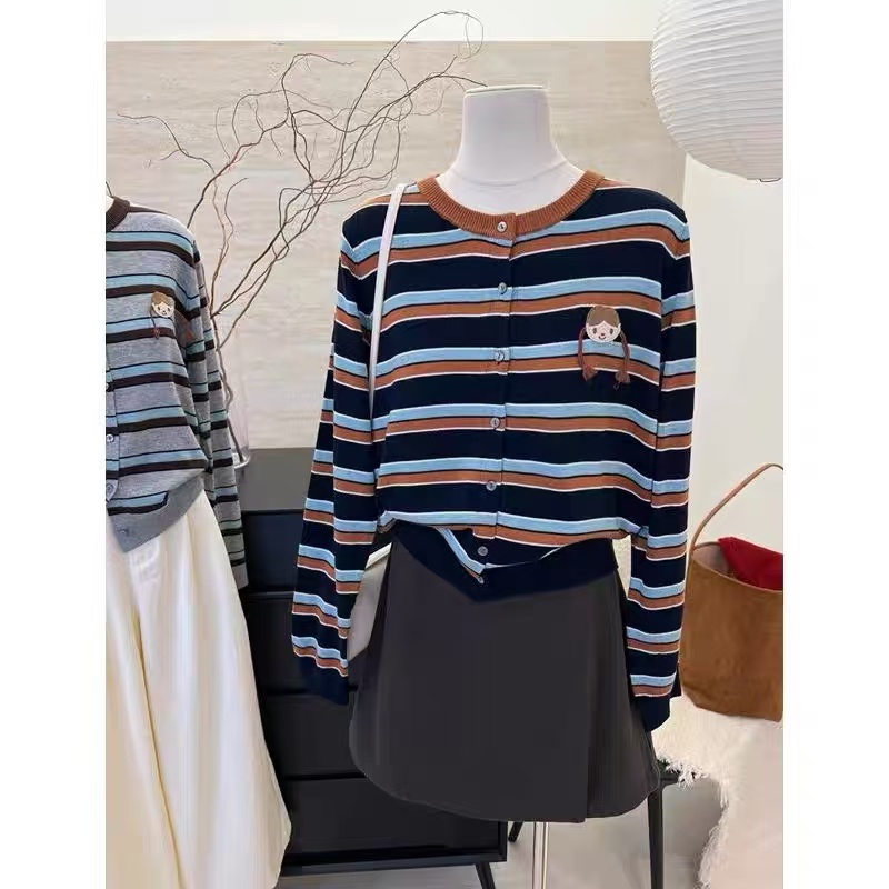 XTY大码200斤秋冬韩版条纹女孩辫子圆领休闲早秋针织开衫外套上衣