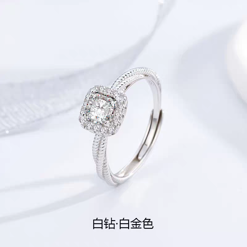 足银戒指 足银小方糖戒指女纯银锆石开口可调节指环轻奢方钻尾戒