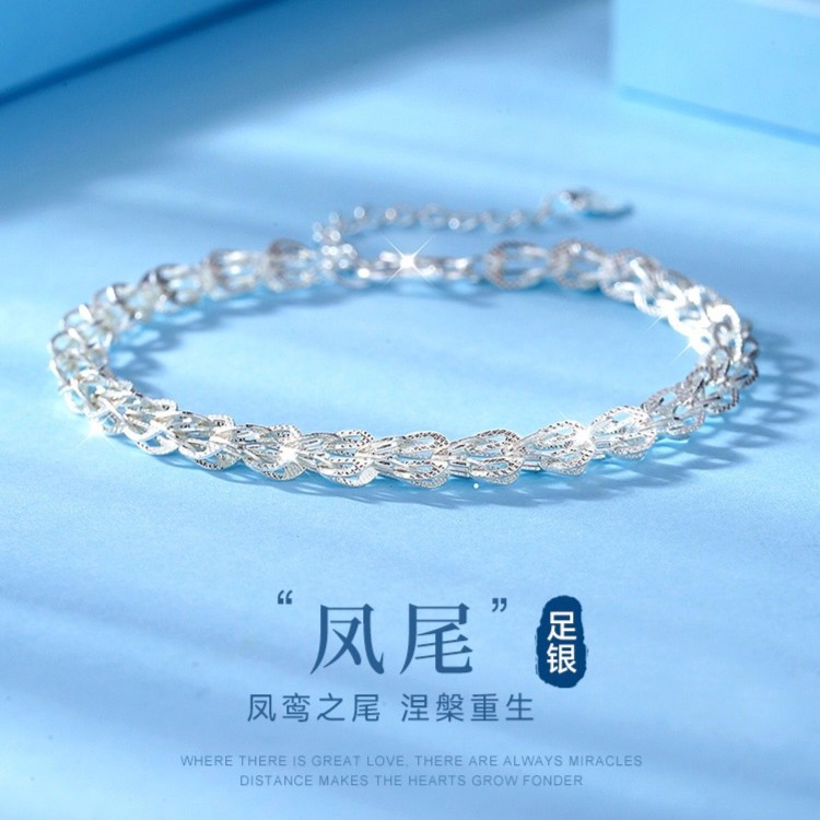 足银手链 999【凤尾手链】纯银民族风时尚年轻款银手链耳线女款闺蜜