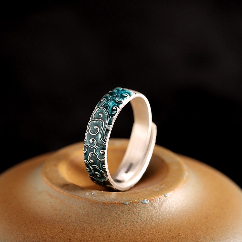 足银珐琅戒指 足银999简约时尚景泰蓝烧蓝祥云女式男款开口戒指