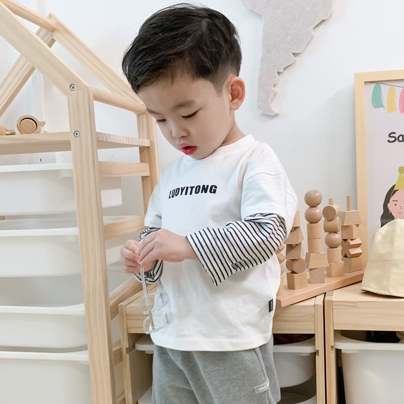  儿童T恤纯棉长袖春秋条纹假两件打底衫男童宝宝春秋季上衣潮