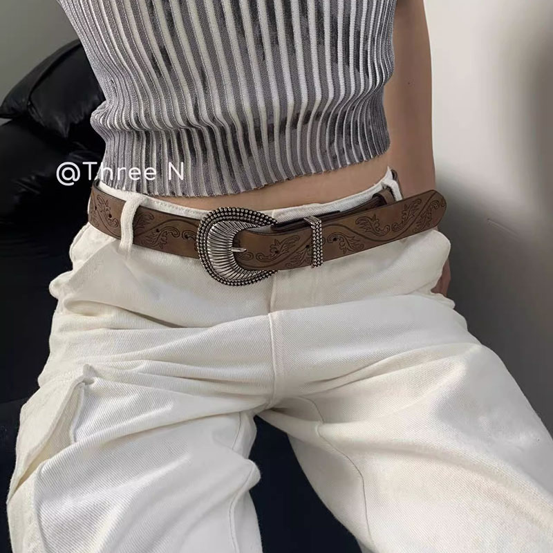 Three N棕色花纹复古腰带女小众设计个性百搭皮带新款配牛仔裤带