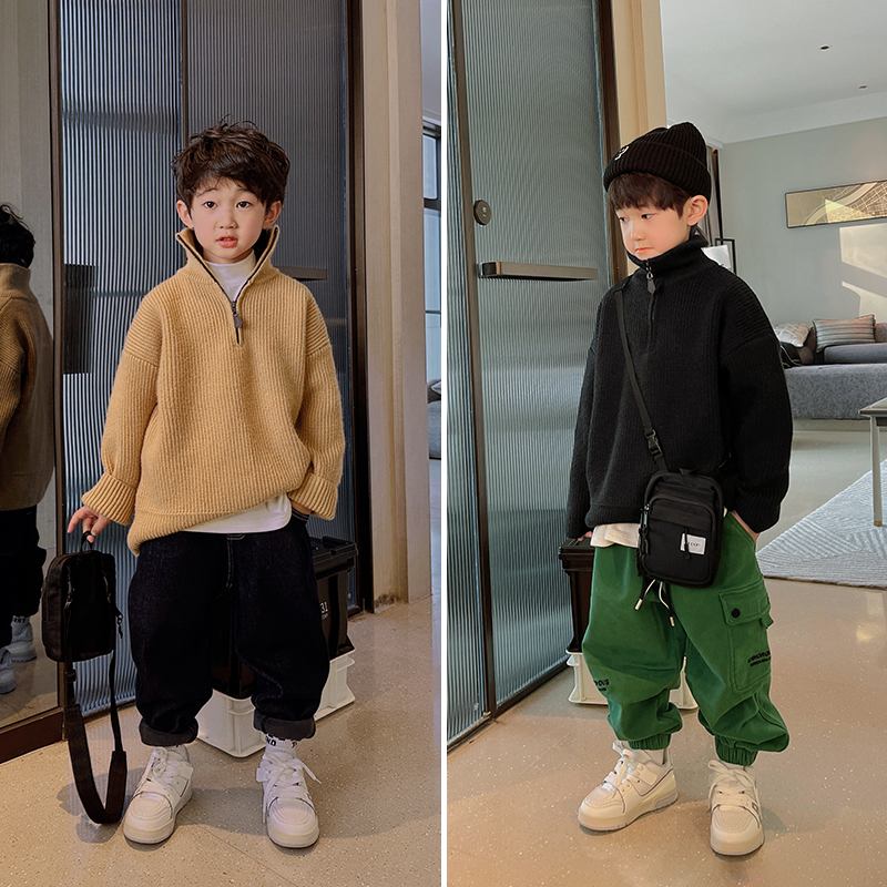 范米粒男童立领毛衣秋冬款儿童保暖针织衫2022新款中大童拉链上衣
