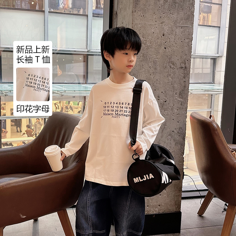 范米粒男童长袖T恤2023新款儿童帅气字母印花体恤中大童休闲上衣