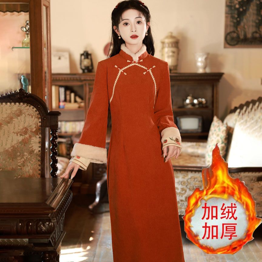 冬季旗袍2023新款年轻款少女秋冬长袖加厚保暖倒大袖新中式连衣裙