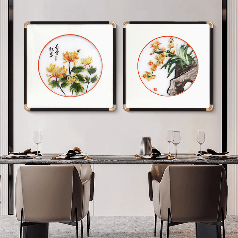 【苏绣坊】苏绣客厅餐厅两联装饰画花鸟绿植刺绣装饰画茶室装饰