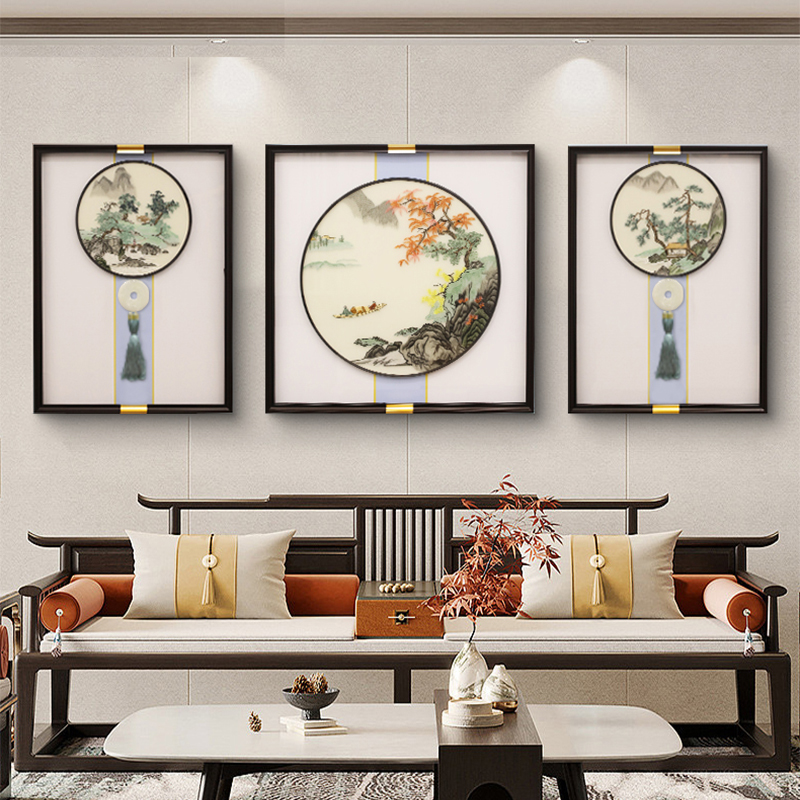 【苏绣坊】新中式客厅装饰画高端刺绣挂画轻奢大气沙发背景画三联新
