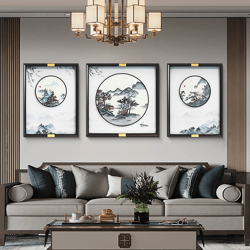 【苏绣坊】新中式客厅装饰画沙发背景墙挂画刺绣山水三联画茶室装饰