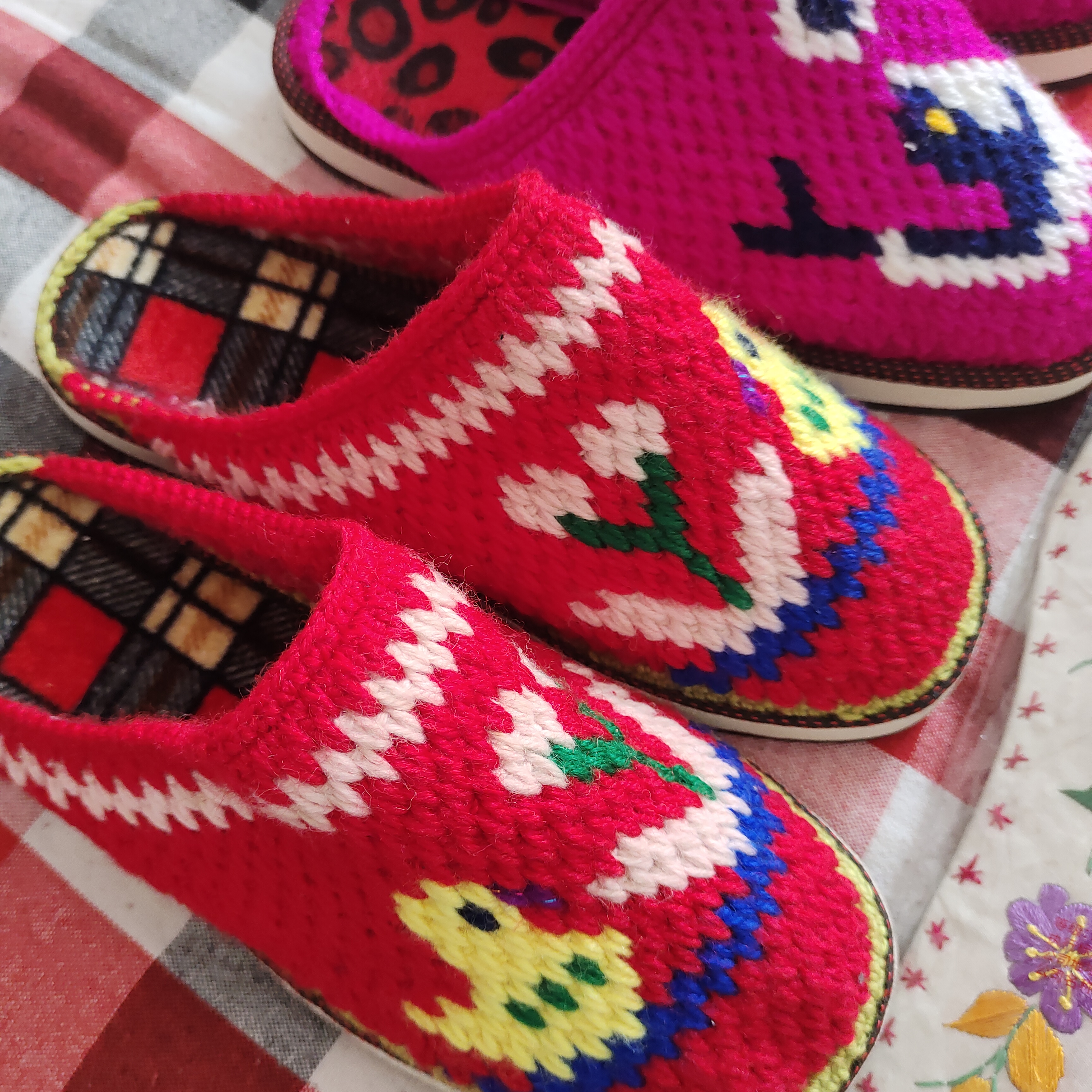 38码轮胎底纯手工毛线钩织拖鞋红色防滑保暖针织舒适厚底耐磨女款