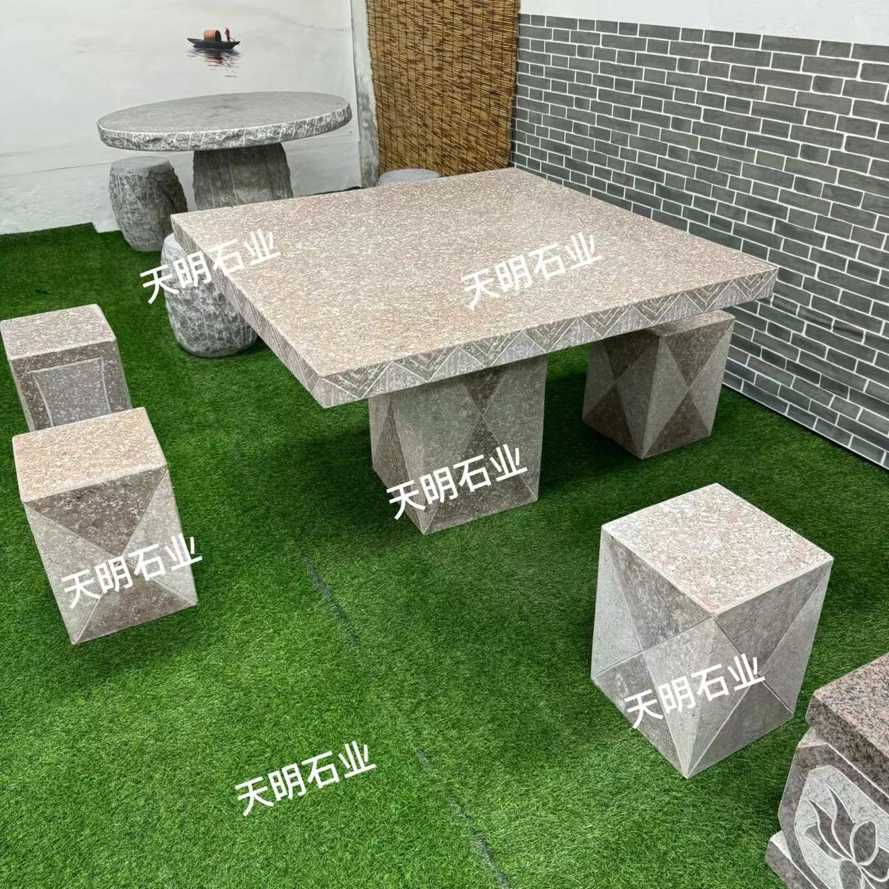 【到县城或者市区物流点自提】花岗岩菱形造型方桌方凳简约时尚