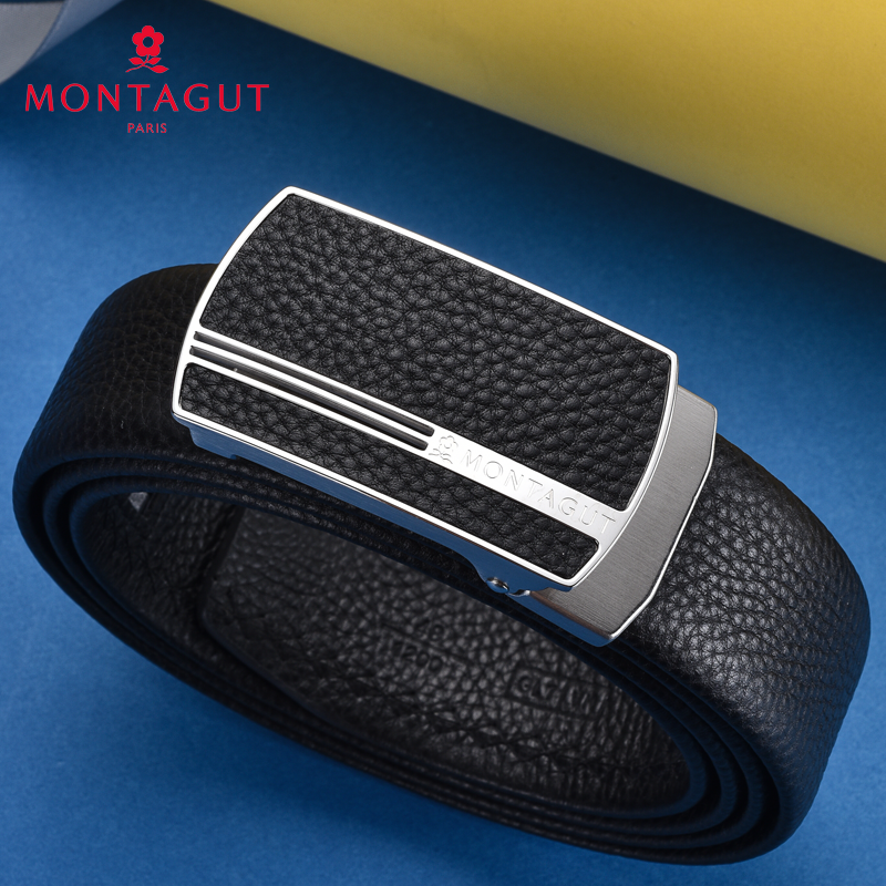 梦特娇真皮不锈钢自动扣腰带头层牛皮正品高档品牌男士裤带礼盒装