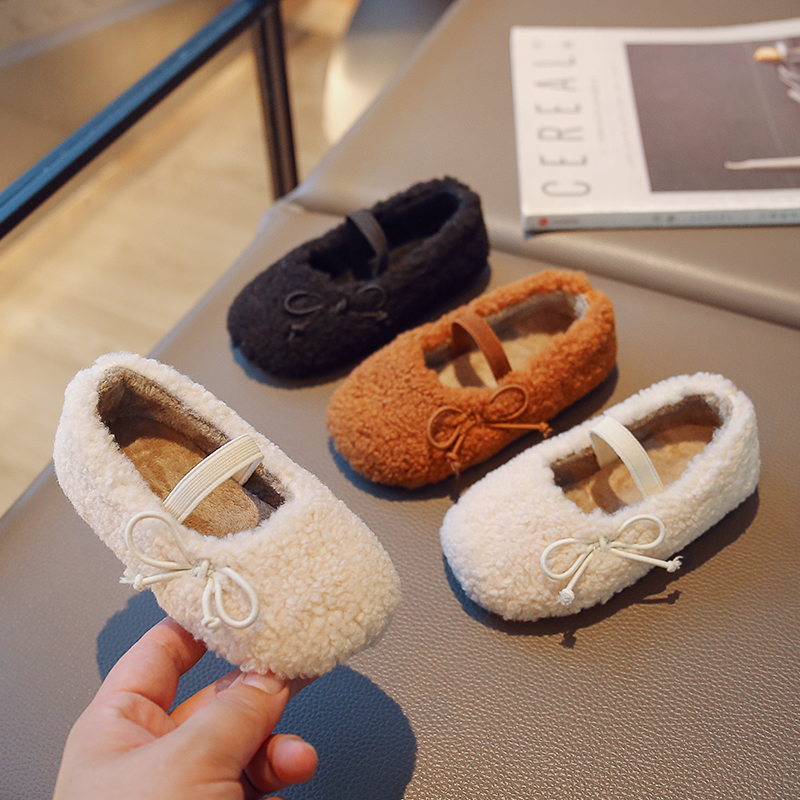韩版童鞋2023秋冬女童公主毛毛鞋可爱洋气蝴蝶结豆豆鞋毛毛鞋