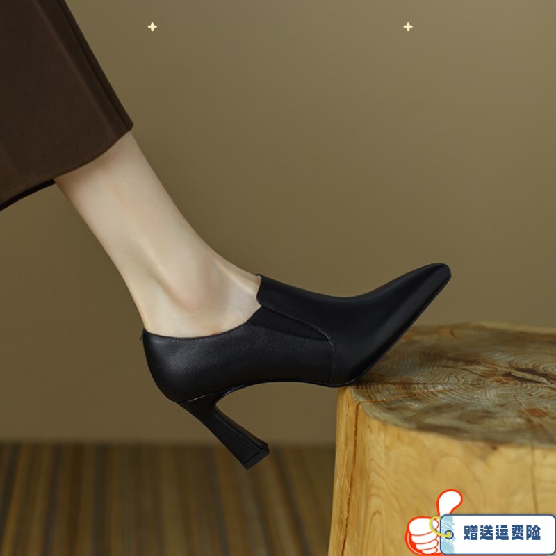 红蜻蜓牌黑色工作鞋2023年春秋季新款软皮深口高跟鞋女粗跟一脚蹬