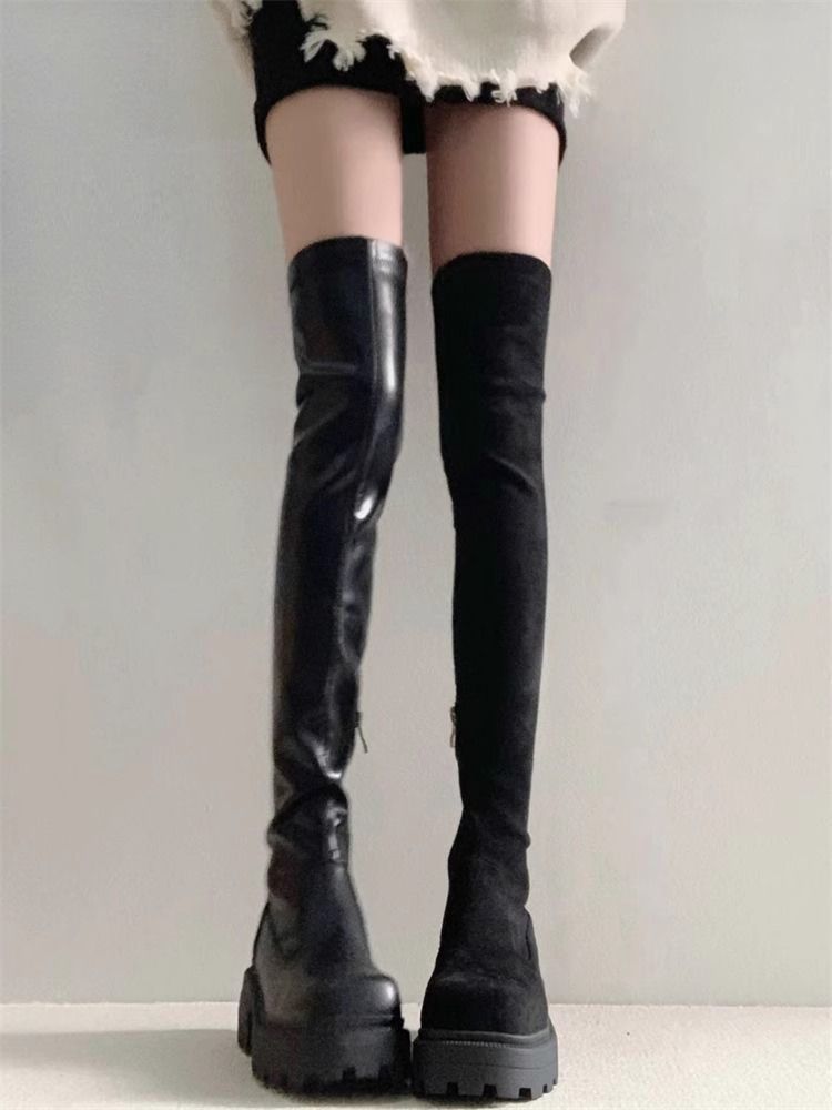红蜻蜓牌显腿长厚底黑色高筒弹力瘦瘦靴子女长筒靴超长过膝长靴子