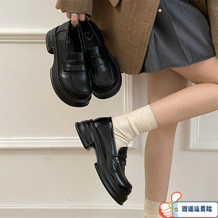 红蜻蜓牌厚底乐福单鞋女黑色学院风小皮鞋百搭英伦2023新款一脚蹬
