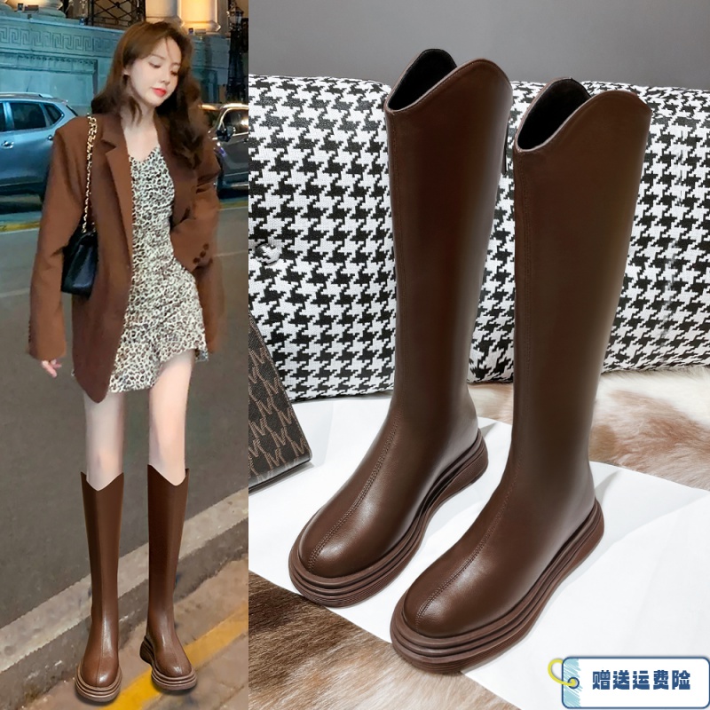 红蜻蜓牌长靴英伦风软皮女棕色长筒靴女秋季厚底不过膝口骑士靴春