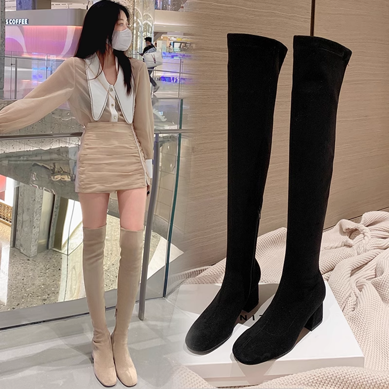 红蜻蜓牌过膝靴女高跟靴弹力靴长筒靴子绒面长靴秋冬季加绒高筒靴