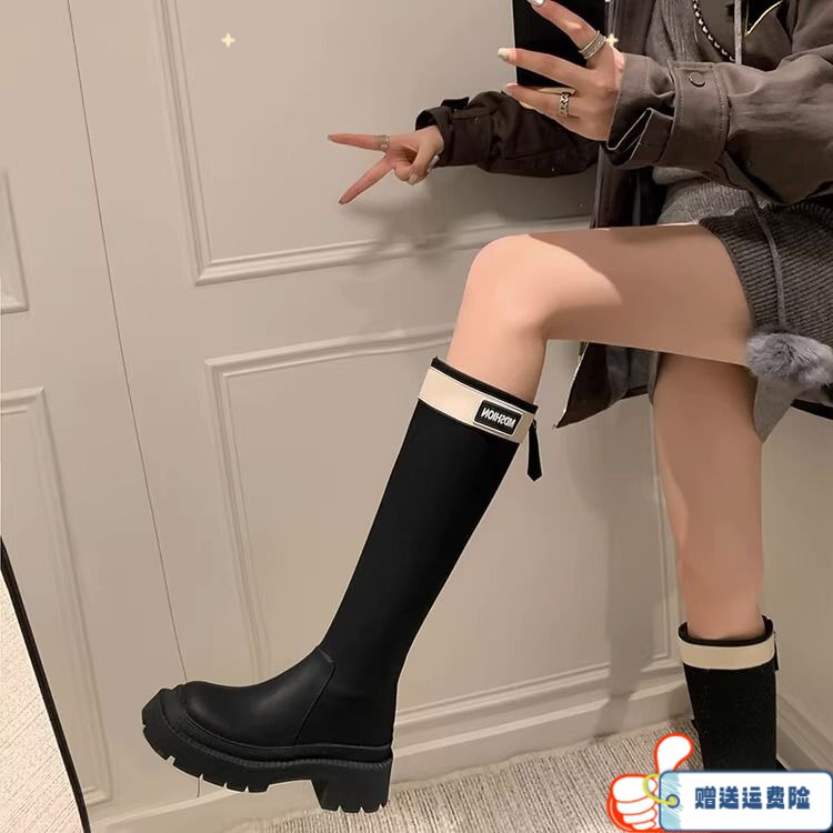 2023新款红蜻蜓牌休闲长靴子厚底高筒骑士靴英伦风黑色长筒靴女