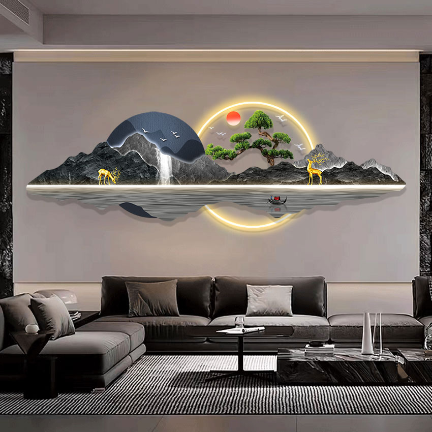 流水生财轻奢风格迎客松客厅亚克力装饰画沙发背景墙挂画简约现代