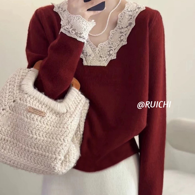 法式高级感蕾丝拼接2025秋季新款V领套头宽松毛衣针织衫长袖女