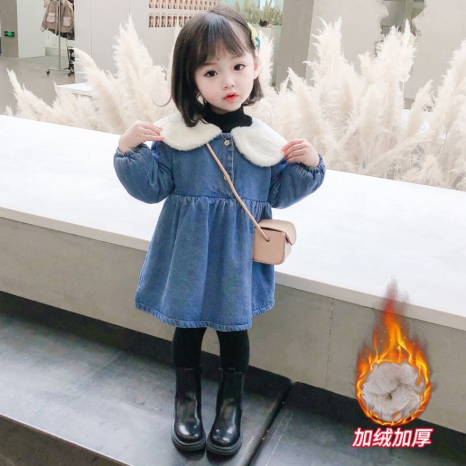 女童加绒牛仔连衣裙秋冬装小童洋气公主裙1-5岁女宝宝加厚裙子潮