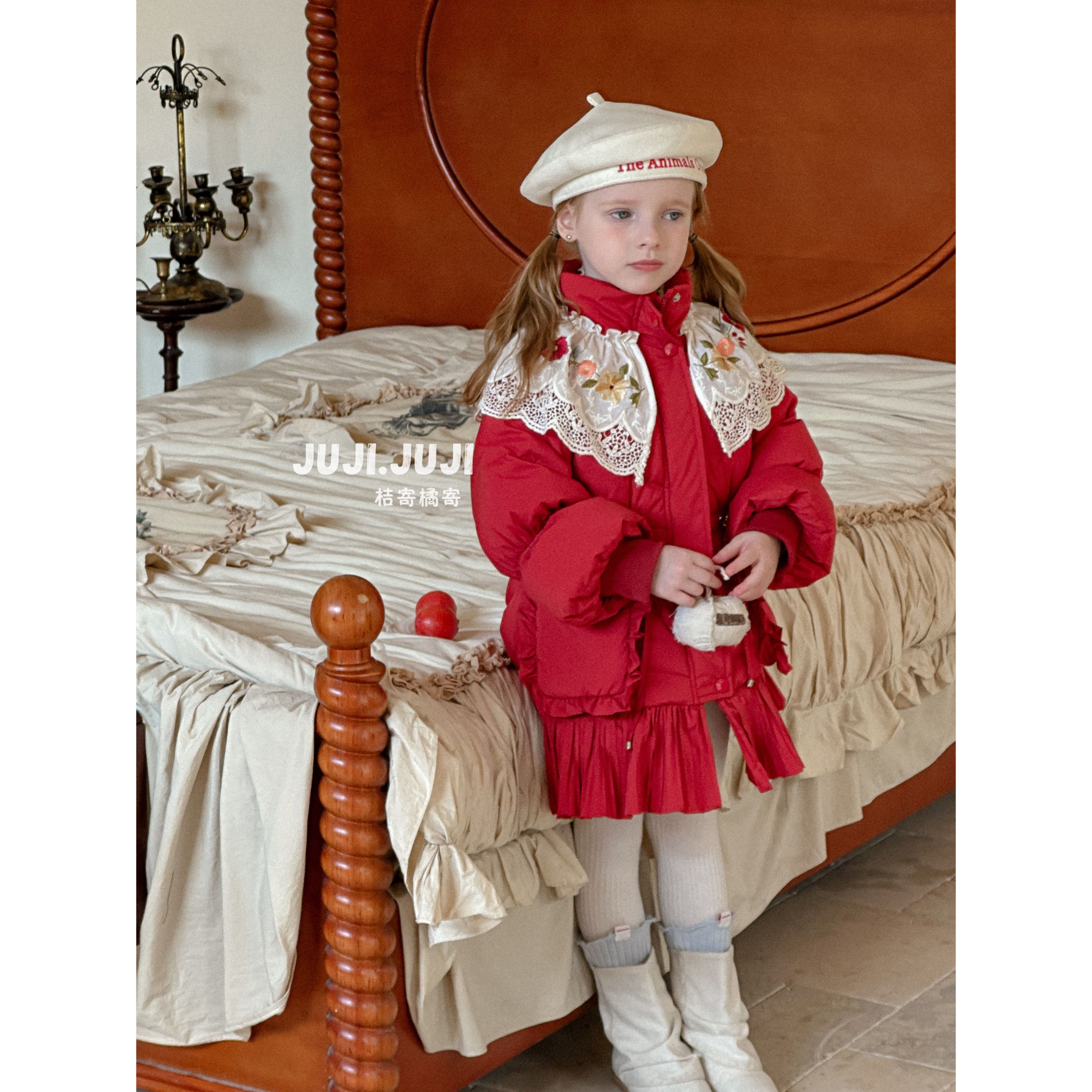juji•橘寄【仙羽】女童杜邦三防白鹅绒服D8207安哥拉红中长款加厚