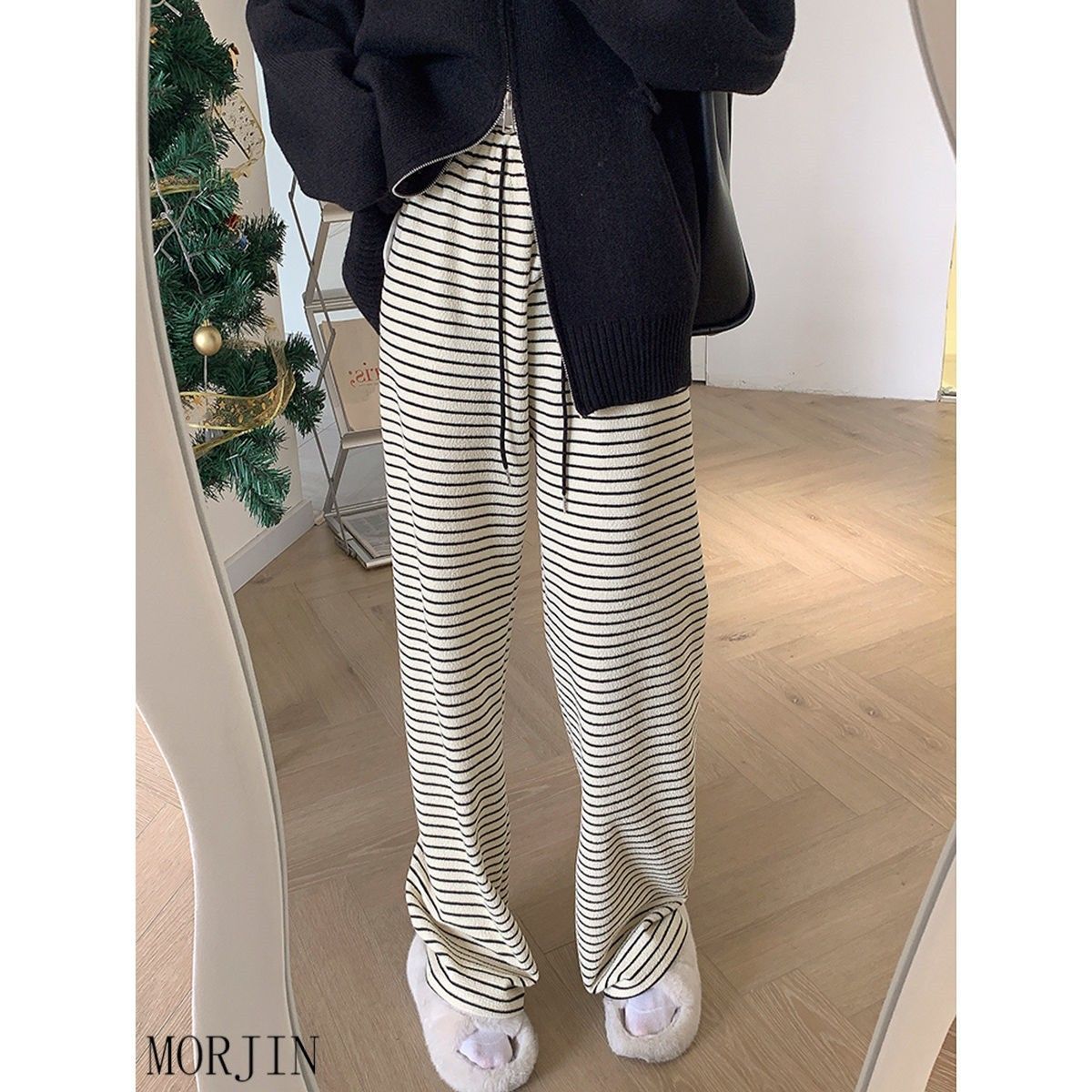 胖MM大码条纹毛线阔腿裤子女春秋季休闲新款裤子垂坠感长裤