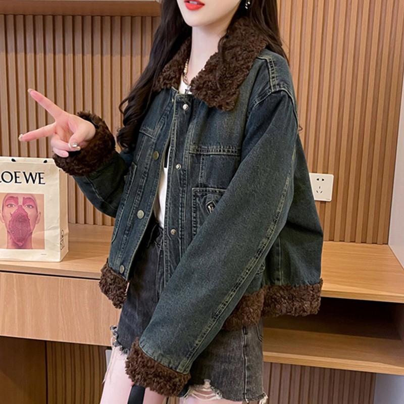 欧米朵加厚夹棉牛仔外套女2023冬装新款羊羔毛拼接夹克小个子棉服