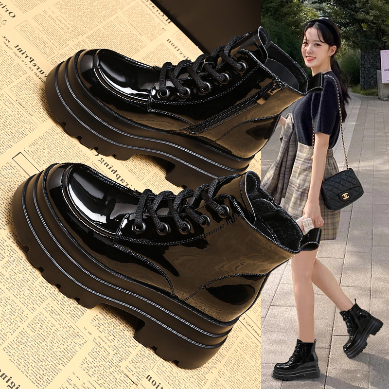 内增高漆皮马丁靴女2024年秋季款侧拉链松糕厚底英伦小短靴ins潮