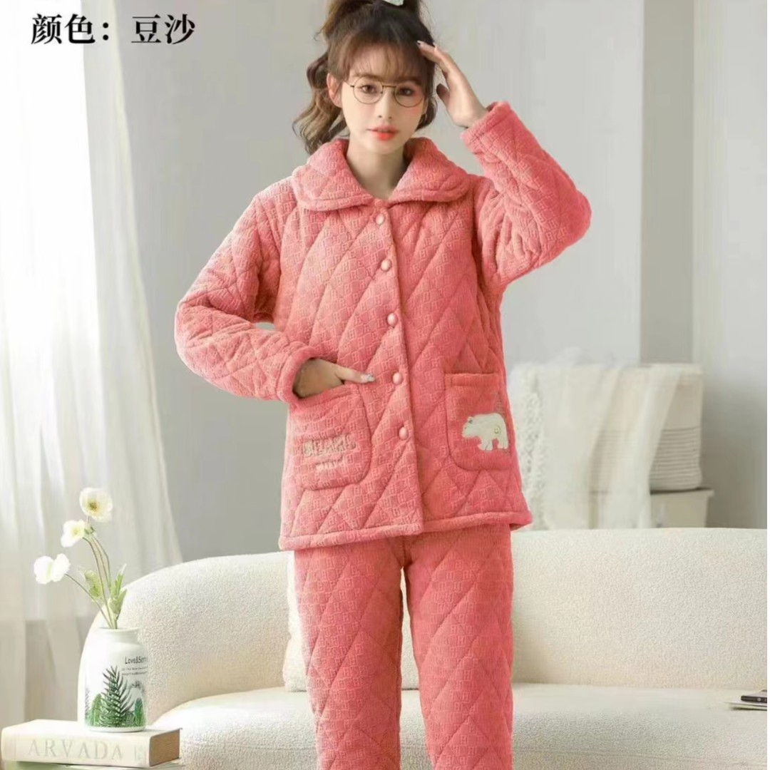 冬季爆款韩版公主风睡衣女士三层加厚夹棉保暖牛奶绒可爱加绒宽松