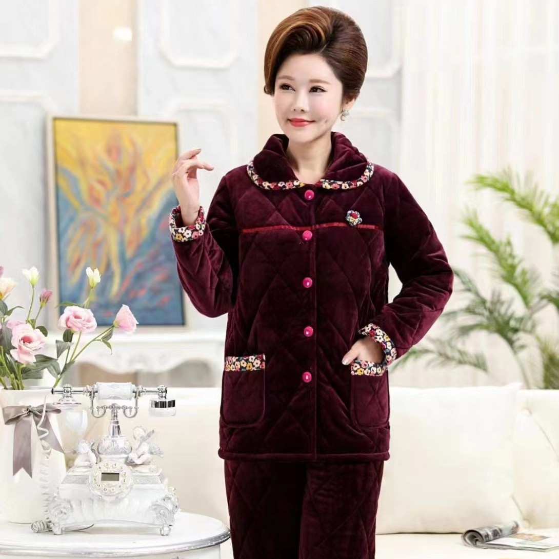 冬天女士修身中青年人三层加厚奶奶防寒睡衣妈妈保暖家居服     