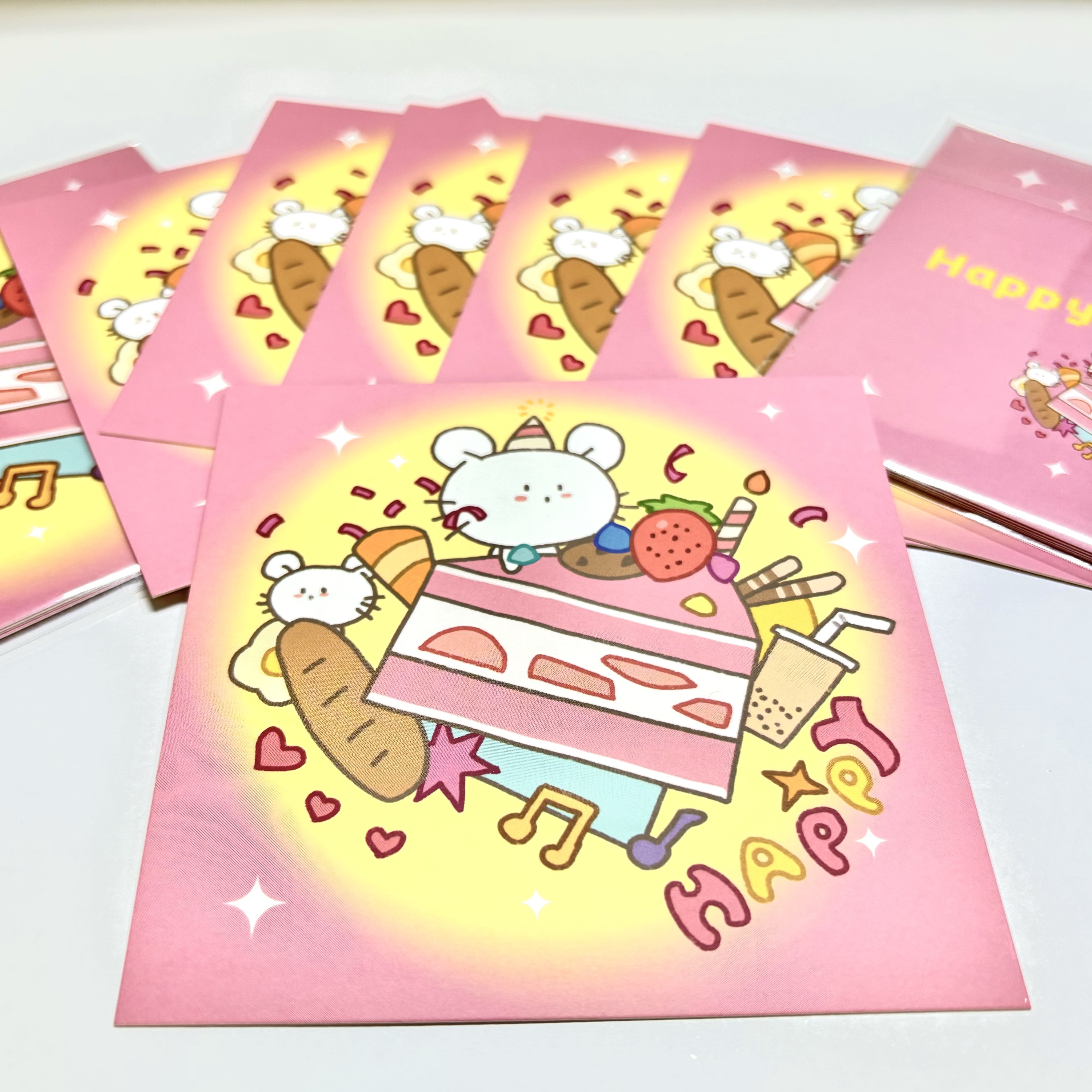 原创设计歪歪猫派对系列方卡贺卡可爱风格涂鸦300g双面哑膜