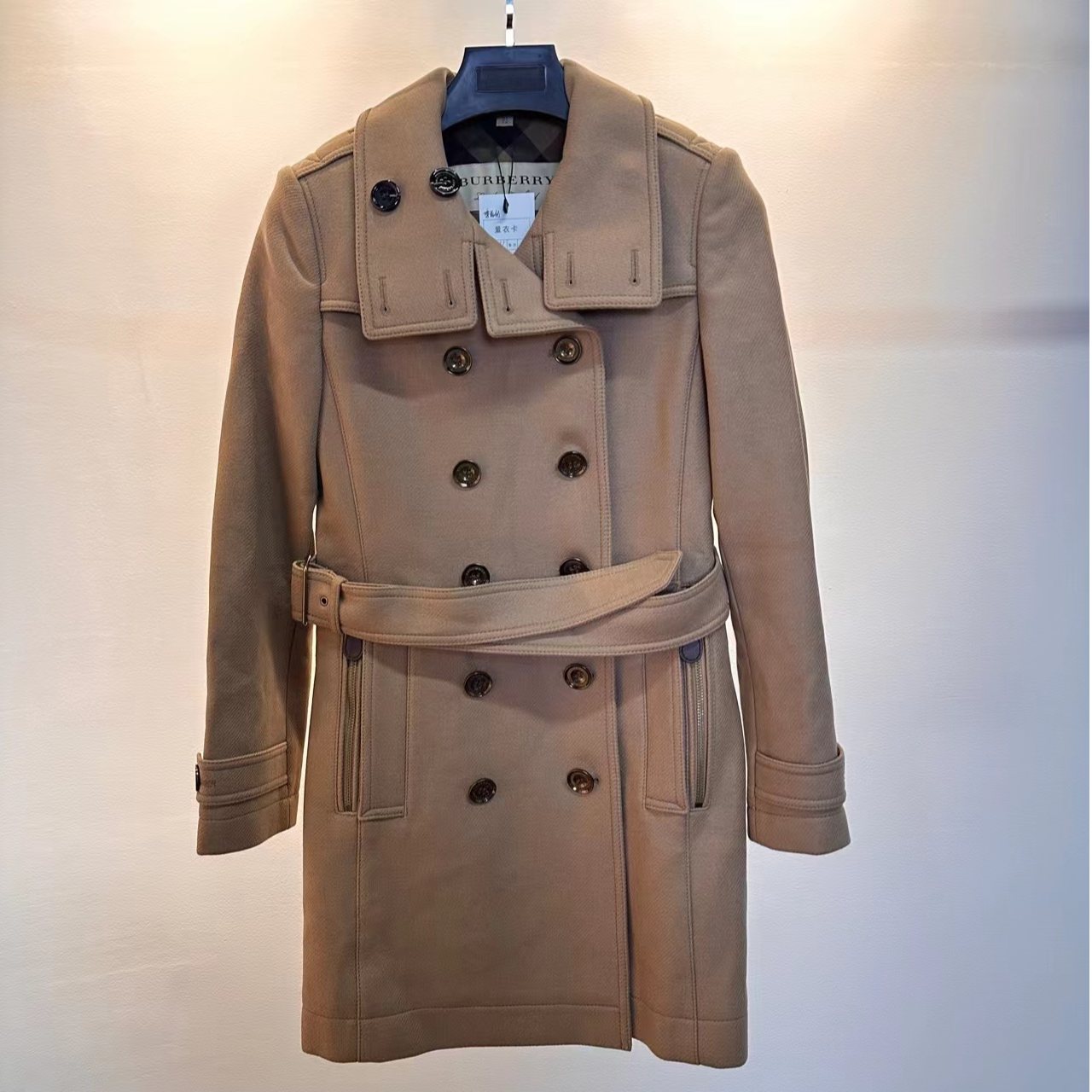 99新 BURBERRY/博柏利  驼色 羊毛混纺双排扣中长款大衣 uk6码 