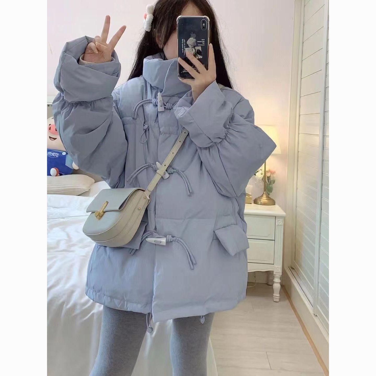 波司断码2023日系羽绒服学生女宽松韩版蓝色加厚保暖立领牛角扣面