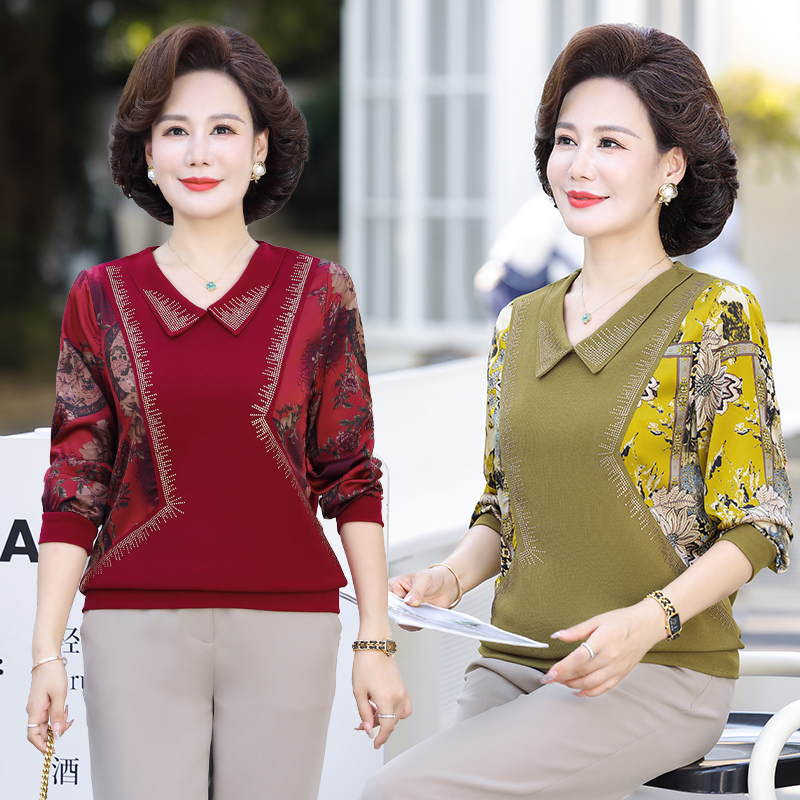 中老年妈妈装针织棉长袖t恤时尚气质翻领拼色上衣春秋款洋气小衫