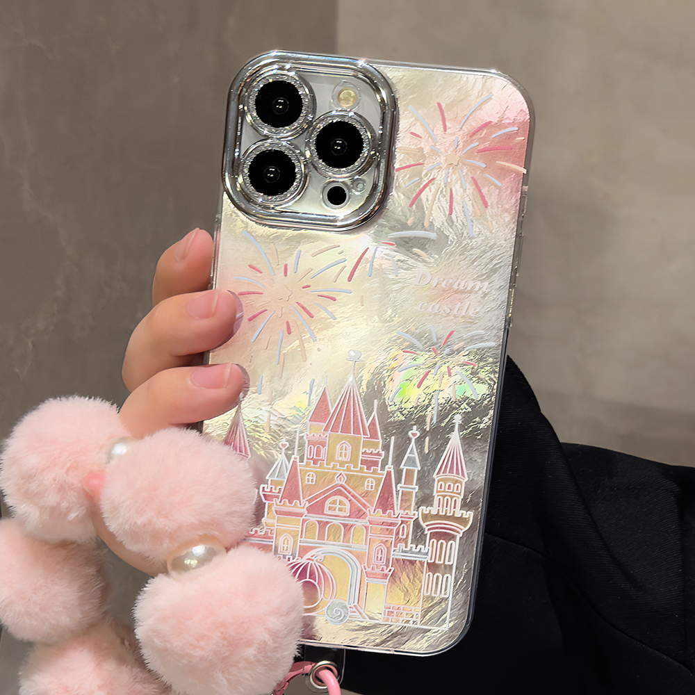 镜头膜粉蓝烟花城堡适用苹果16手机壳15promax毛绒12手链11电镀14