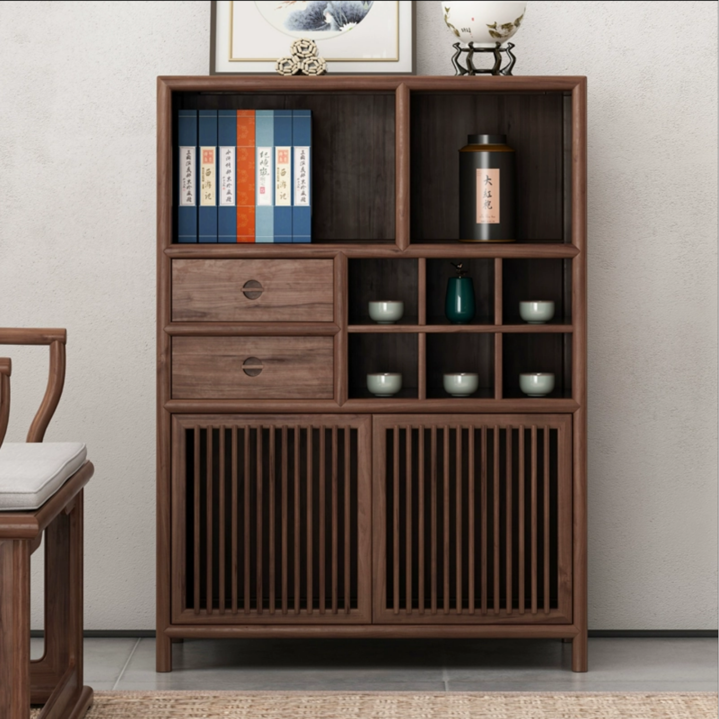 木玺企业店榆木中式餐边柜酒柜电视柜边柜茶叶收纳实木客厅储物柜