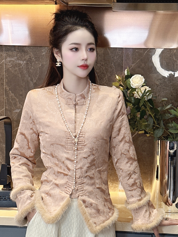 新中式时尚碎花高级感盘扣立领长袖衬衫女秋季复古风加厚保暖上衣