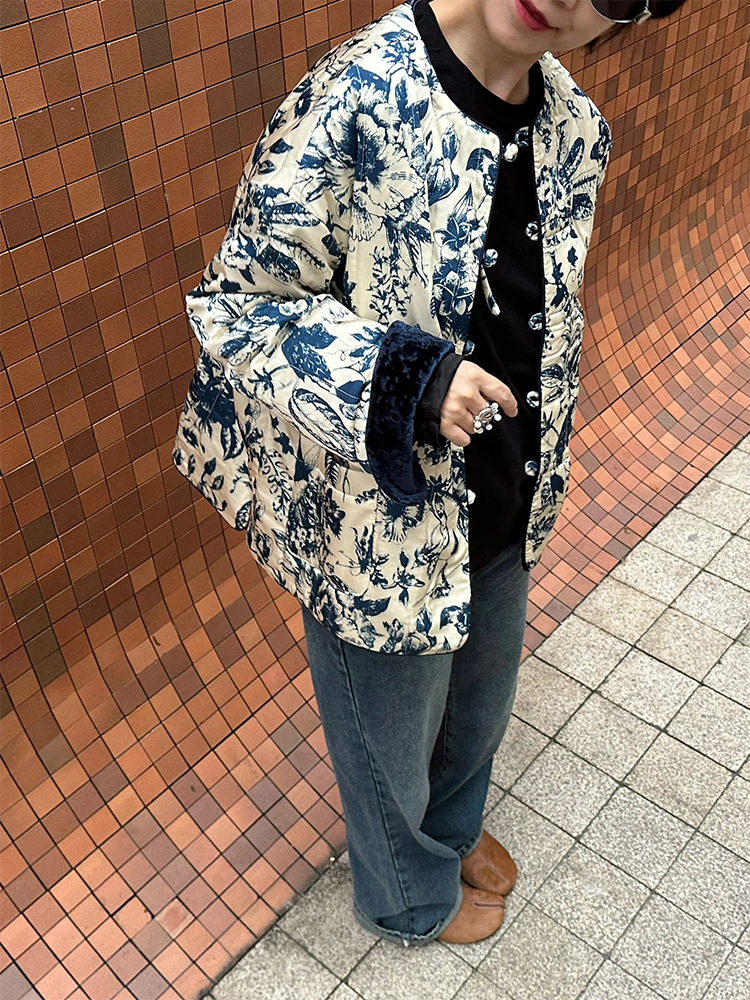 FL232305蓝色印花夹棉外套2023新款独特超好看新中式轻国风上衣冬