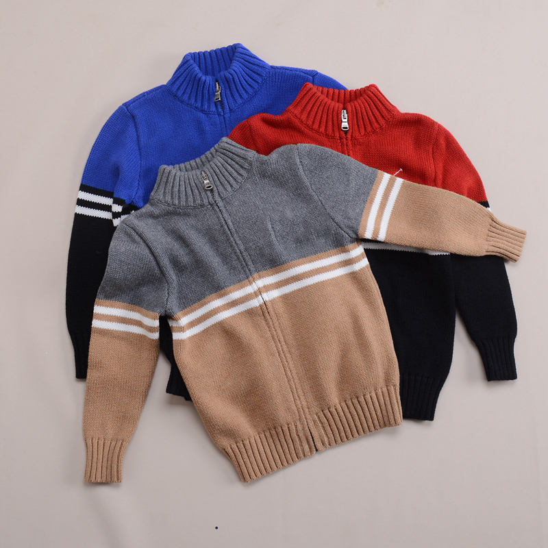 056 男童中大童纯棉针织拼色毛衣开衫