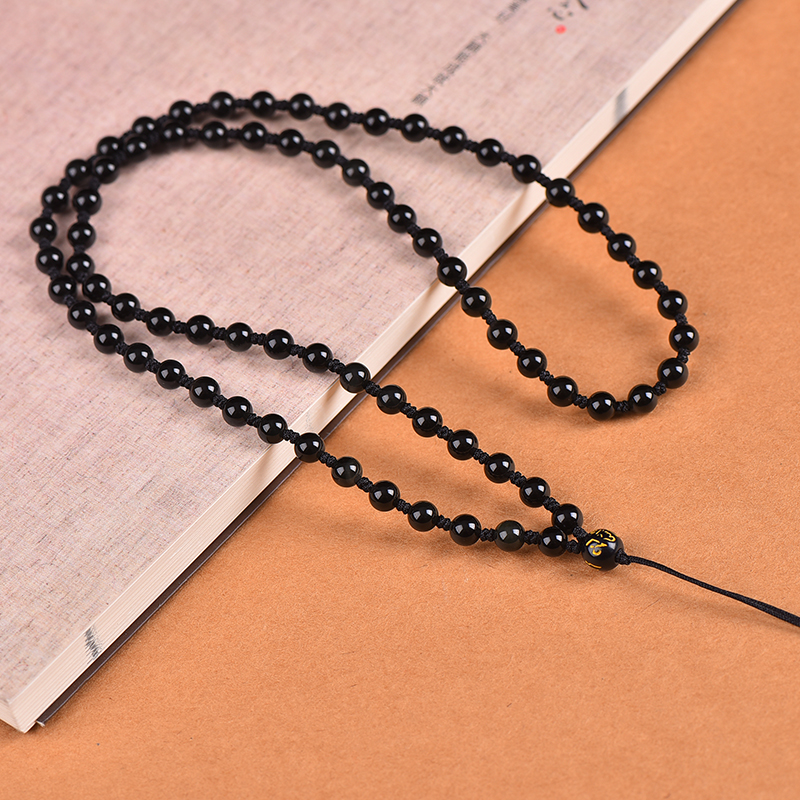 非金属布艺项链 黑曜珠链手工编织固定挂脖子蛇结黑色6mm时尚