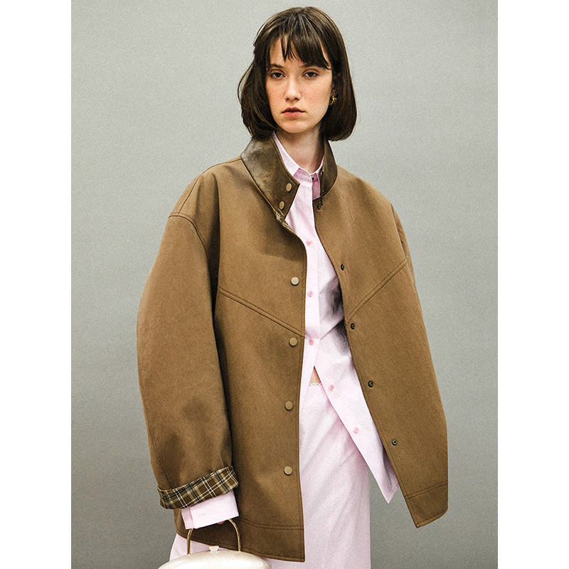 FLOWERSYAS:绿毛球 生机希望中古两面穿格纹拼接皮领做旧工装夹克