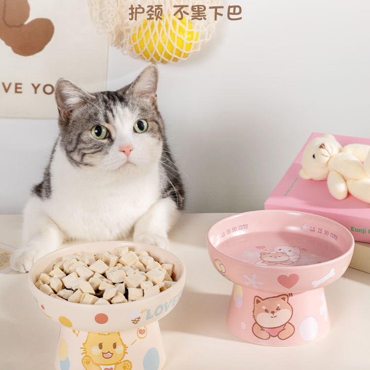 猫碗陶瓷猫咪猫狗食盆粮水碗慢食猫盘碗饭盆小型犬护颈猫咪碗