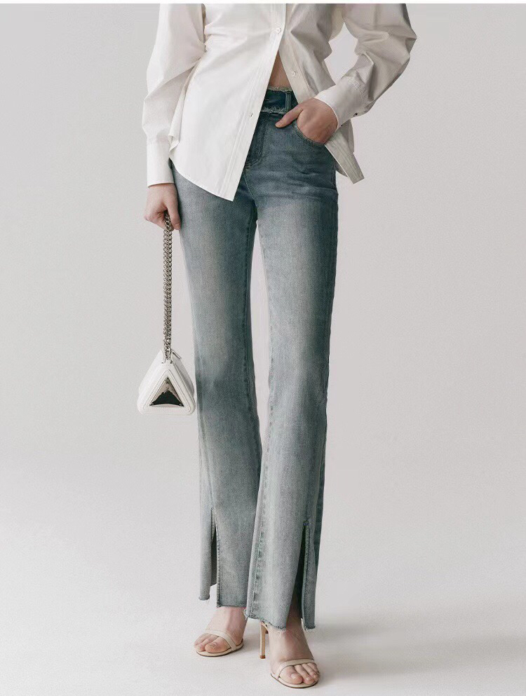 春秋款品牌腰间毛边微辣开叉牛仔裤