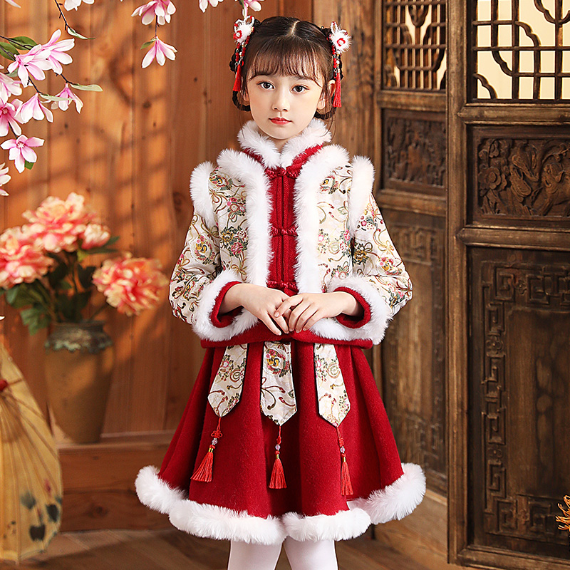 2024女童汉服冬装儿童过年喜庆中国风加厚新年唐装拜年服红色旗袍