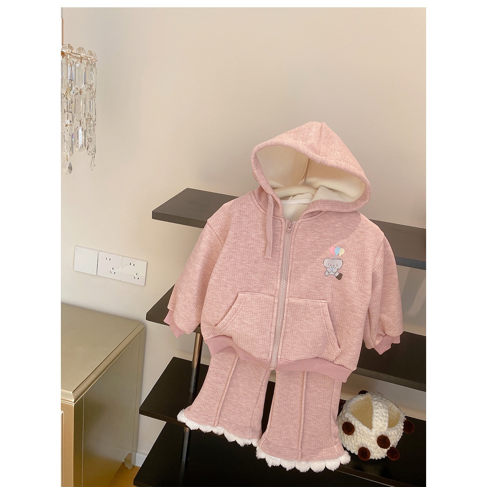 2024女童卡通加绒套装秋冬装儿童宝宝洋气加厚连帽开衫长裤二件套