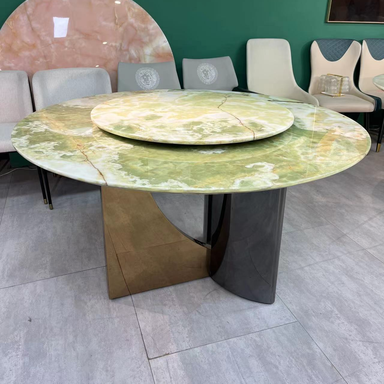 绿芙蓉大理石奢石圆形餐桌轻奢别墅意式客厅家用简约极简餐桌椅子