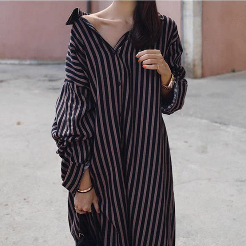 清货新款套头条纹长袖衬衫连衣裙